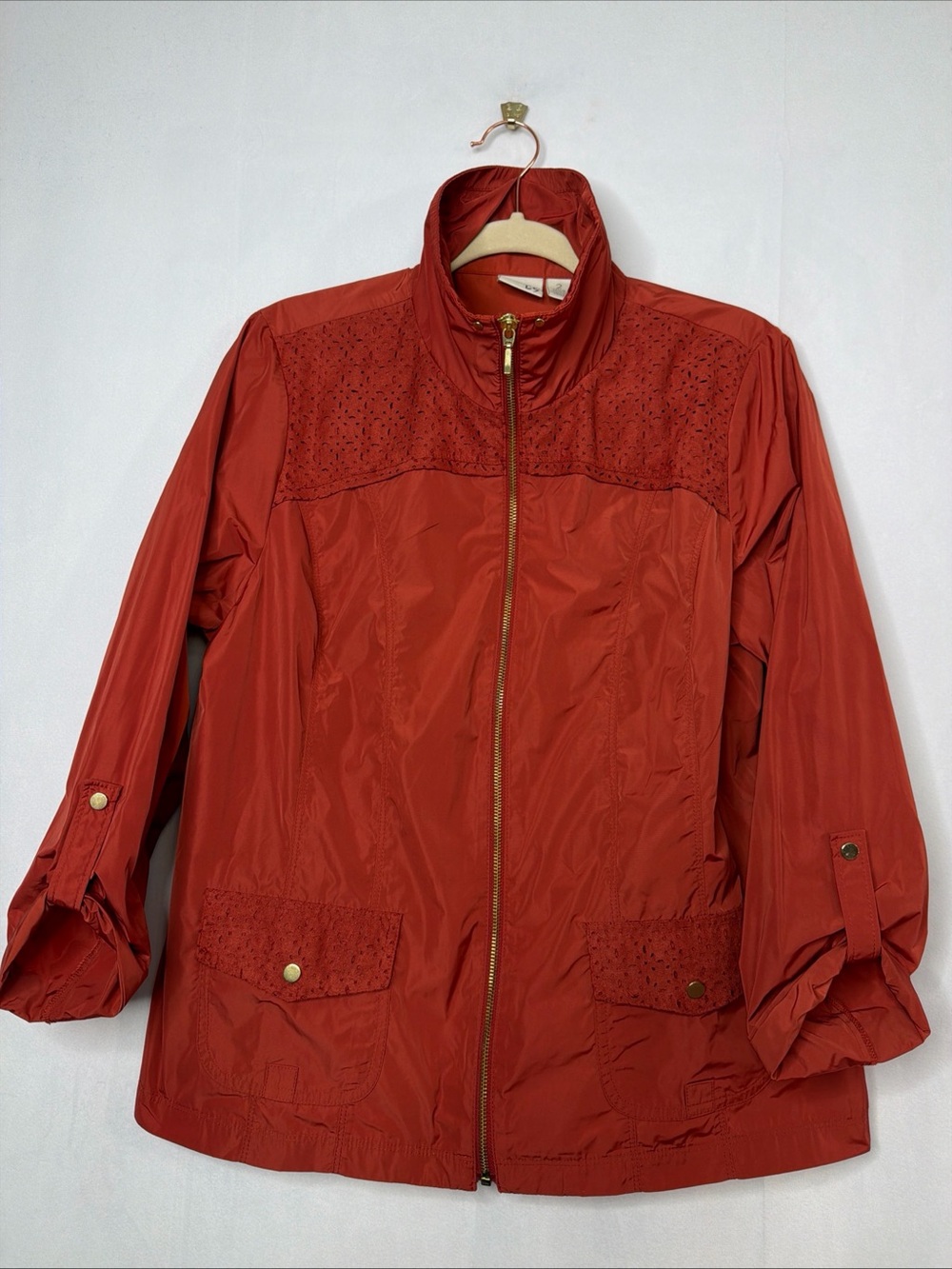 Chico's Rust Red Eyelet Detail Trim Full Zip Windbreaker Zenergy Jacket